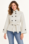 Women's polka dot cropped belted jacket in off-white with stand collar
