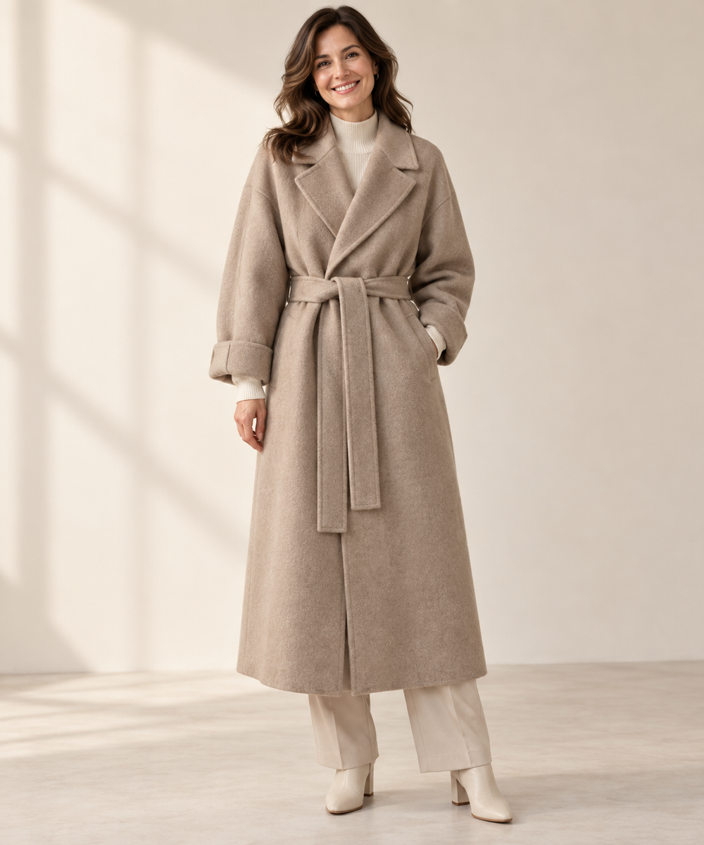 Women's long belted wrap coat in brown wool blend, front view