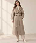 Women's long belted wrap coat in brown wool blend, front view