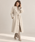 Women's long belted wrap coat in beige wool blend, front view