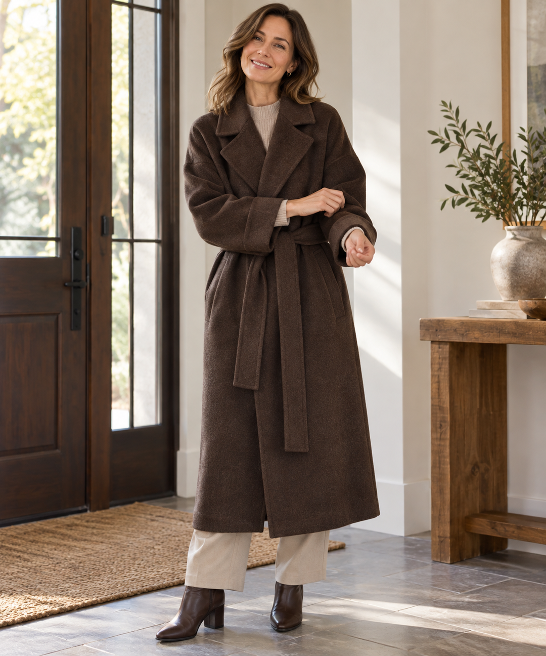 Belted longline wool-blend wrap coat, back view