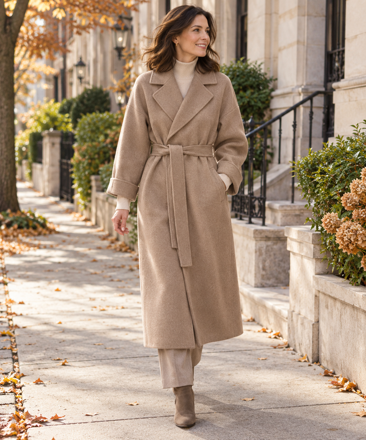 Belted longline wool-blend wrap coat, side view
