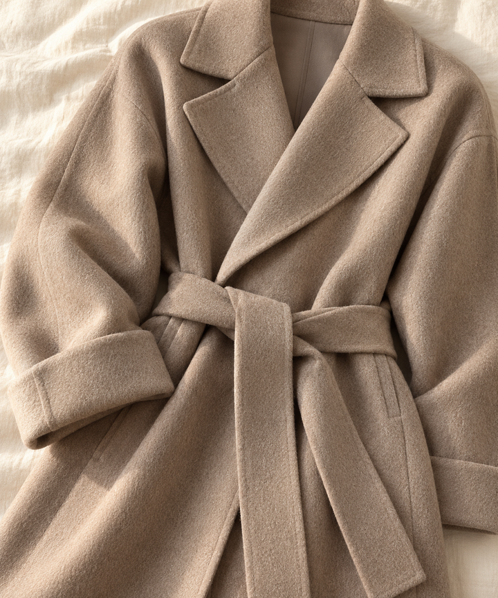 Self-tie belt detail on longline wrap coat