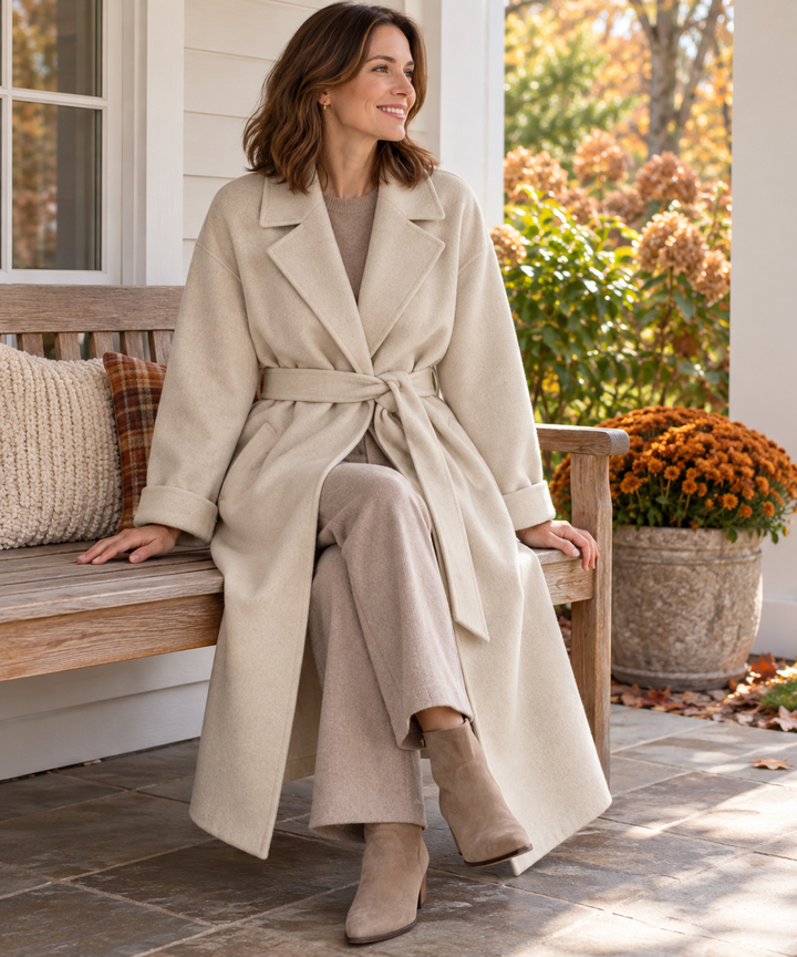 Tailored suit collar detail on wool-blend wrap coat