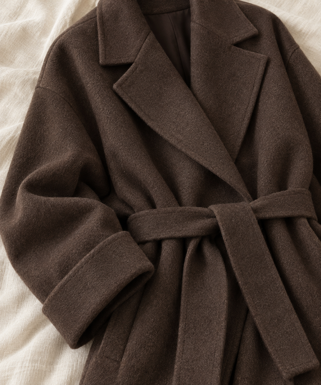 Wool-blend wrap coat styled with turtleneck and ankle boots