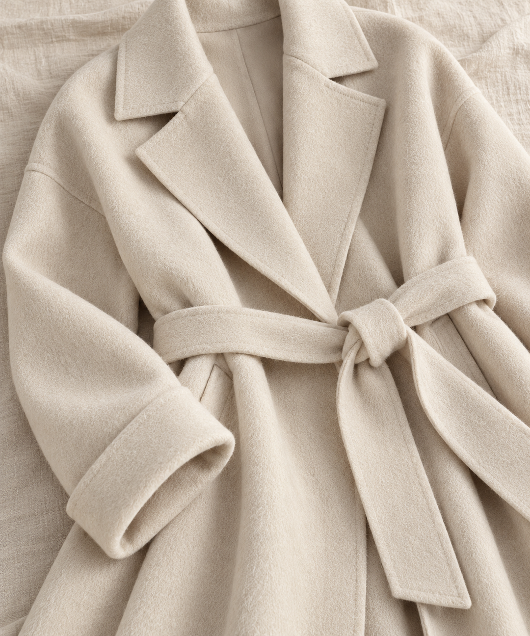 Wool-blend fabric texture detail, longline wrap coat