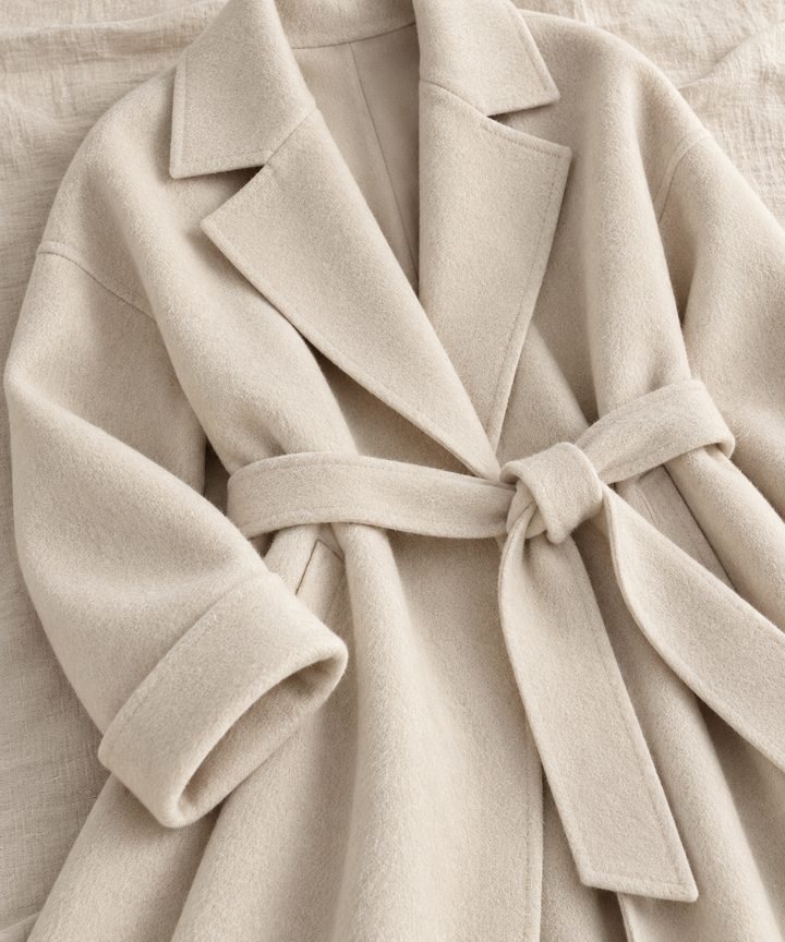 Wool-blend fabric texture detail, longline wrap coat