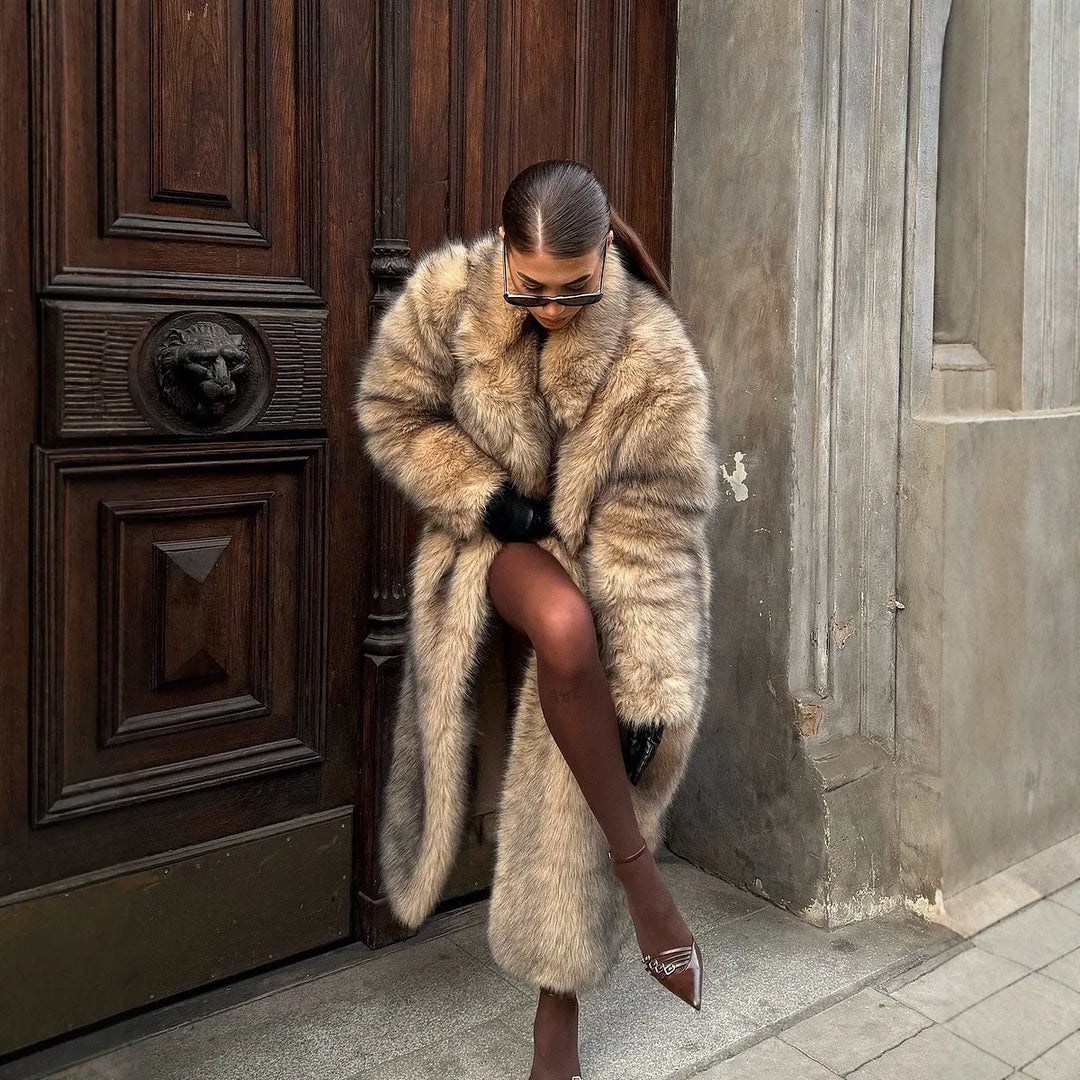 Women's Longline Plush Faux-Fur Coat in Apricot