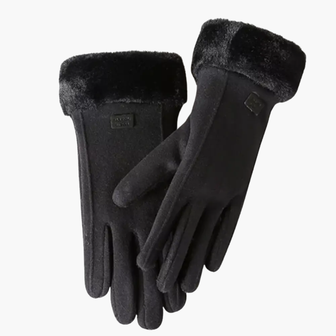 Women's Lined Winter Gloves with Folded Cuffs in Black