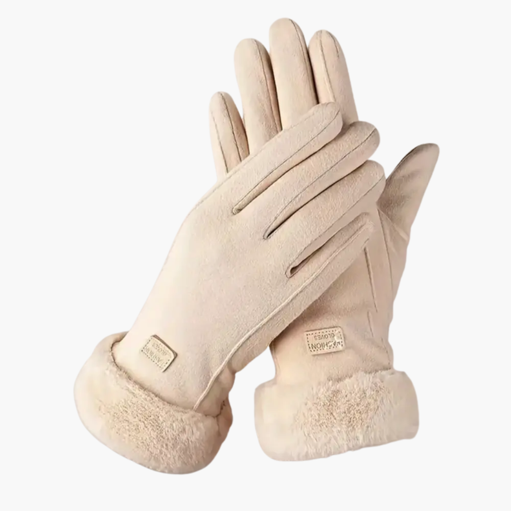 Women's Lined Winter Gloves with Folded Cuffs in Beige