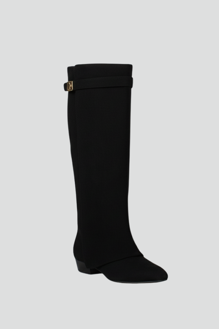 Women's Wide-Calf Knee-High Block-Heel Boots in Black Suede