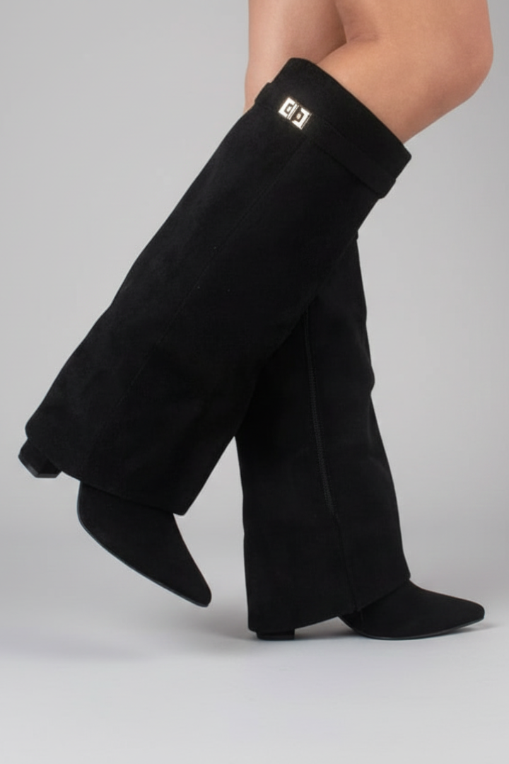 Women's Wide-Calf Knee-High Block-Heel Boots in Black Suede