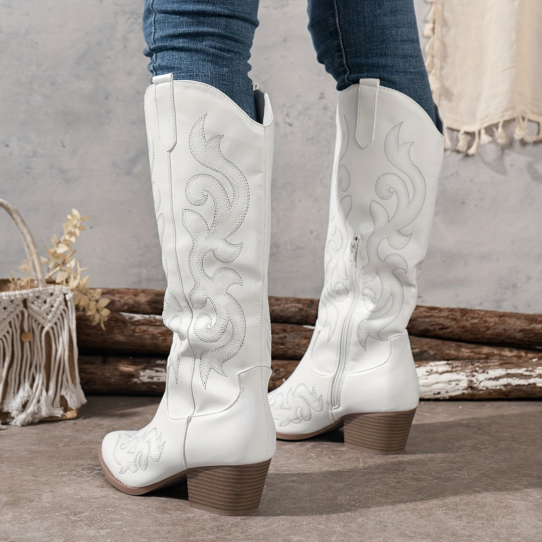 Women's Knee-High Western Cowboy Boots in White