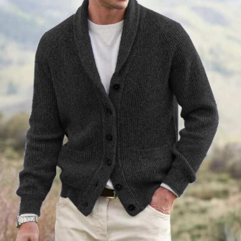 Men's Shawl-Collar Button-Front Cardigan in Black