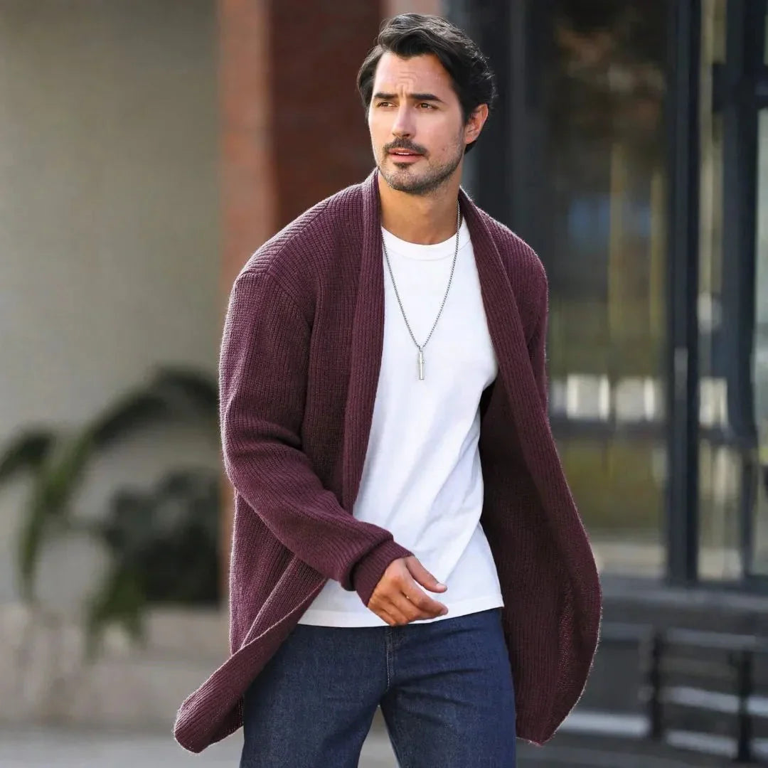 Men's Ribbed Shawl-Collar Open-Front Cardigan in Gray