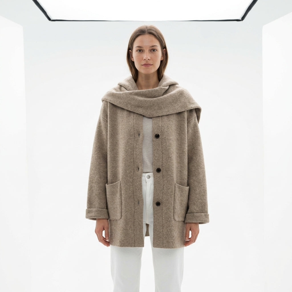 Hooded longline cardigan — Studio - Clean | Generated by Modelize