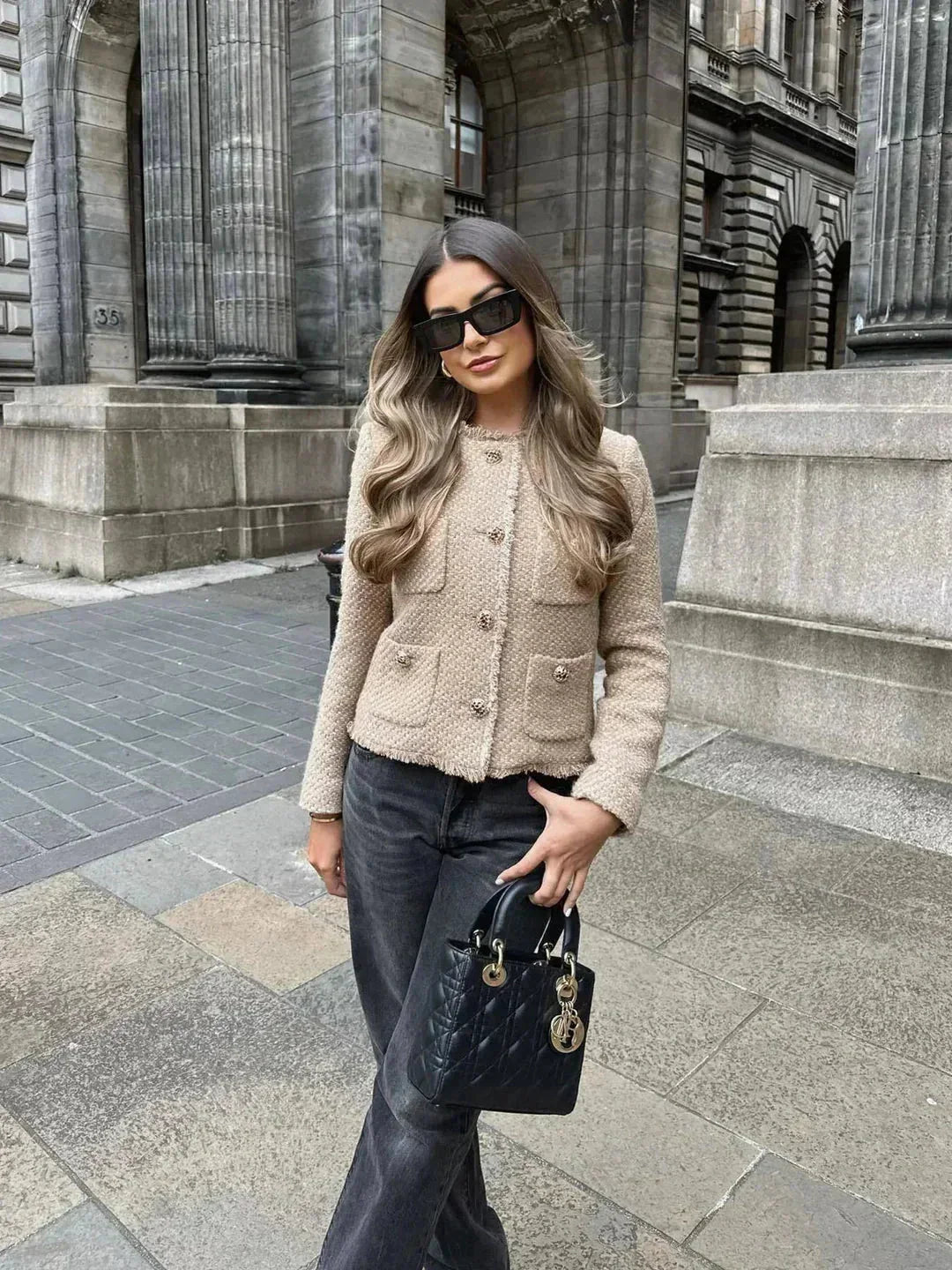 Women's Tweed Button-Front Jacket in Beige